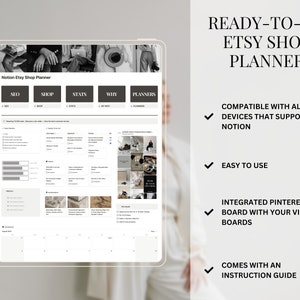 Puede incluir: Una captura de pantalla de una plantilla de Notion Etsy Shop Planner en una tableta. La plantilla est&aacute; dividida en secciones para SEO, Tienda, Estad&iacute;sticas, Por qu&eacute; y Planificadores. La plantilla incluye un calendario, listas de verificaci&oacute;n y otras herramientas para ayudar a los vendedores de Etsy a administrar sus tiendas.