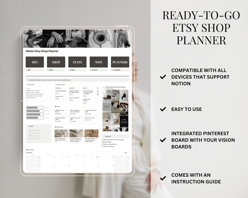 Puede incluir: Una captura de pantalla de una plantilla de Notion Etsy Shop Planner en una tableta. La plantilla est&aacute; dividida en secciones para SEO, Tienda, Estad&iacute;sticas, Por qu&eacute; y Planificadores. La plantilla incluye un calendario, listas de verificaci&oacute;n y otras herramientas para ayudar a los vendedores de Etsy a administrar sus tiendas.