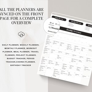 May include: A black and white printable planner with tabs for daily, weekly, and monthly planning. The planner includes sections for daily, weekly, and monthly planning, as well as workout, meal, travel, project, budget, period, chores, and birthday tracking. The text "All the planners are synced on the front page for a complete overview" is at the top of the page.