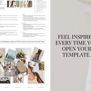 May include: A collage of images with a green smoothie, a white building with a white fence, a bouquet of white flowers, a woman wearing a white robe, a woman wearing a white dress, a woman wearing a white shirt, a woman wearing a white mask, a woman wearing a white tank top, a green smoothie, a book with the word "OPEN" on the cover, a white car, and the text "Now your, new beginnings. Let this year be the one where you turn your dreams into reality. FEEL INSPIRED EVERY TIME YOU OPEN YOUR TEMPLATE."