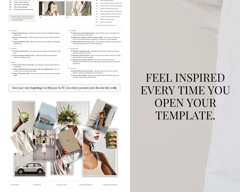 May include: A collage of images with a green smoothie, a white building with a white fence, a bouquet of white flowers, a woman wearing a white robe, a woman wearing a white dress, a woman wearing a white shirt, a woman wearing a white mask, a woman wearing a white tank top, a green smoothie, a book with the word "OPEN" on the cover, a white car, and the text "Now your, new beginnings. Let this year be the one where you turn your dreams into reality. FEEL INSPIRED EVERY TIME YOU OPEN YOUR TEMPLATE."