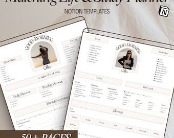 May include: A digital planner template for Notion with a minimalist design. The template includes sections for daily, weekly, and monthly planning, as well as a to-do list, priorities, and reminders. The template also includes a section for classes, with columns for each subject. The template is designed to help users organize their life and studies.