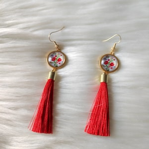 Hungarian Folk Style Dangle Earrings, Red Dangles