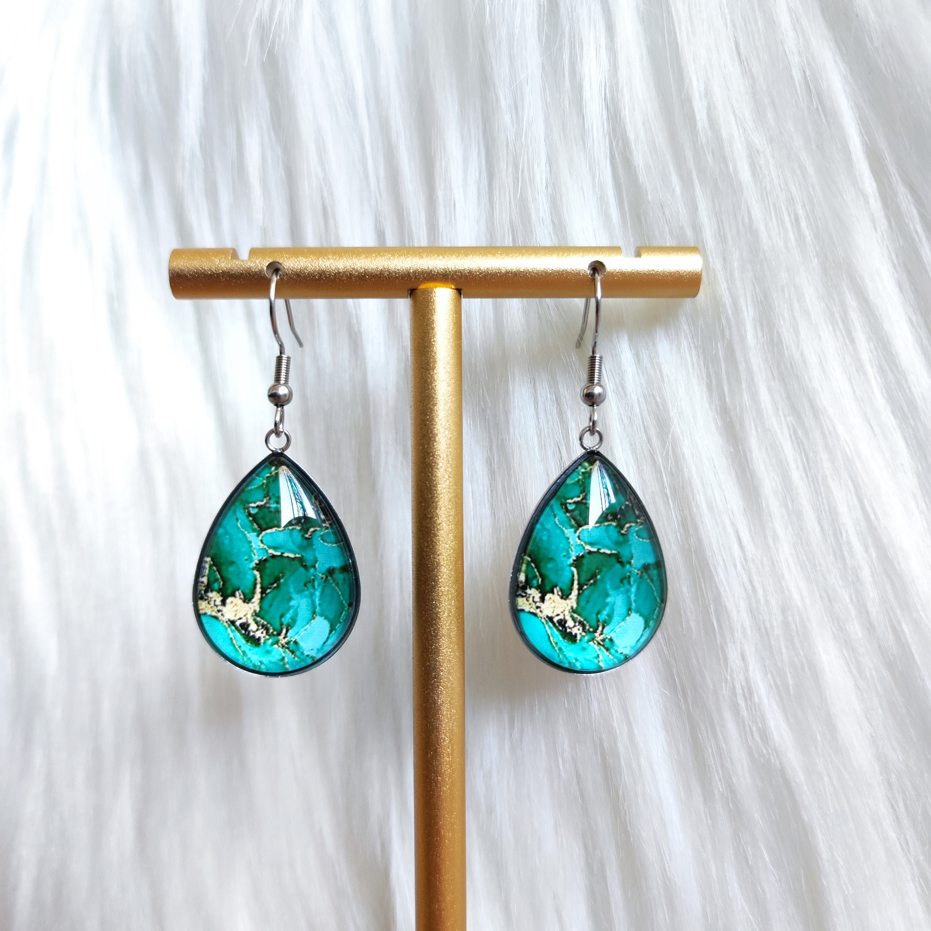 Green Water Drop Shape Dangle Earrings, Imitation Stone