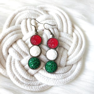 HUNGARIAN TRICOLOR Earrings, Hungarian Flag Dangle Earrings, Red-white-green Druzy Dangles, 12mm cabochon pendant, Antique Bronze color tray