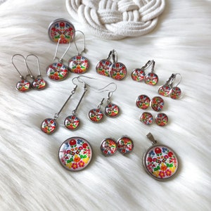 HUNGARIAN Folk Style Jewelry,  Hungarian style Studs, Dangle Earrings, Ring, Necklace, Brooch, Hungarian folk flower art