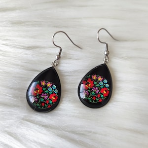 Hungarian Folk Style Dangle Earrings, Flower Art Dangles, Black Teardrop shape Earrings