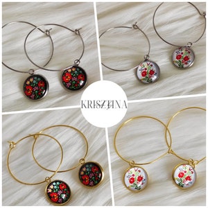 Hungarian Folk Style Circle Earrings, 12mm glass cabochon