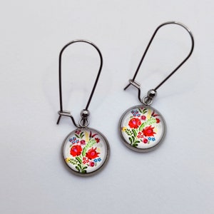 HUNGARIAN FOLK Style Earrings, Kidney ear wires earrings, Cabochon 12mm, White background