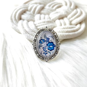 Hungarian Folk Style Brooch, Unique Folk Art Brooch, Unisex Badge, Floral Brooch, Blue Folk Flowers