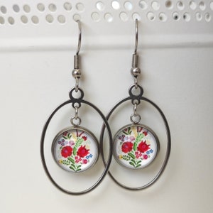 HUNGARIAN FOLK Style Dangle Earrings, Cabochon 12mm