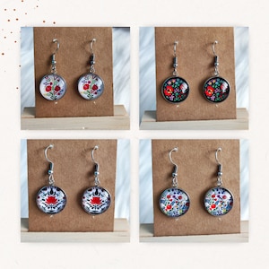HUNGARIAN FOLK Style Dangle Earrings, Cabochon 16mm