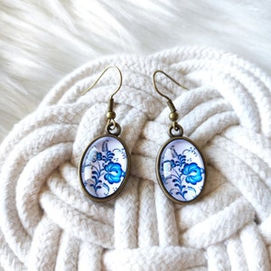Hungarian Folk Style Dangle Earrings, Blue folk flowers dangles, Vintage Inspired