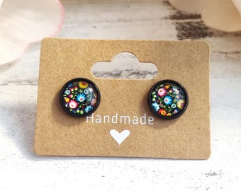 Polish Folk Style Stud Earrings, Flower Art Earring Studs, 10mm glass cabochon