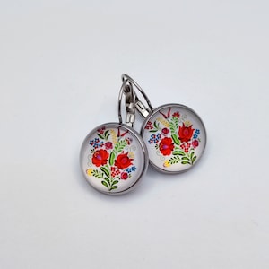 HUNGARIAN FOLK Style Earrings, French back earrings, White Background, Cabochon 16mm