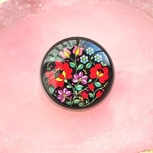 Hungarian Folk Style Brooch, Unique Folk Art Brooch, Unisex Badge, Floral Brooch, Black background
