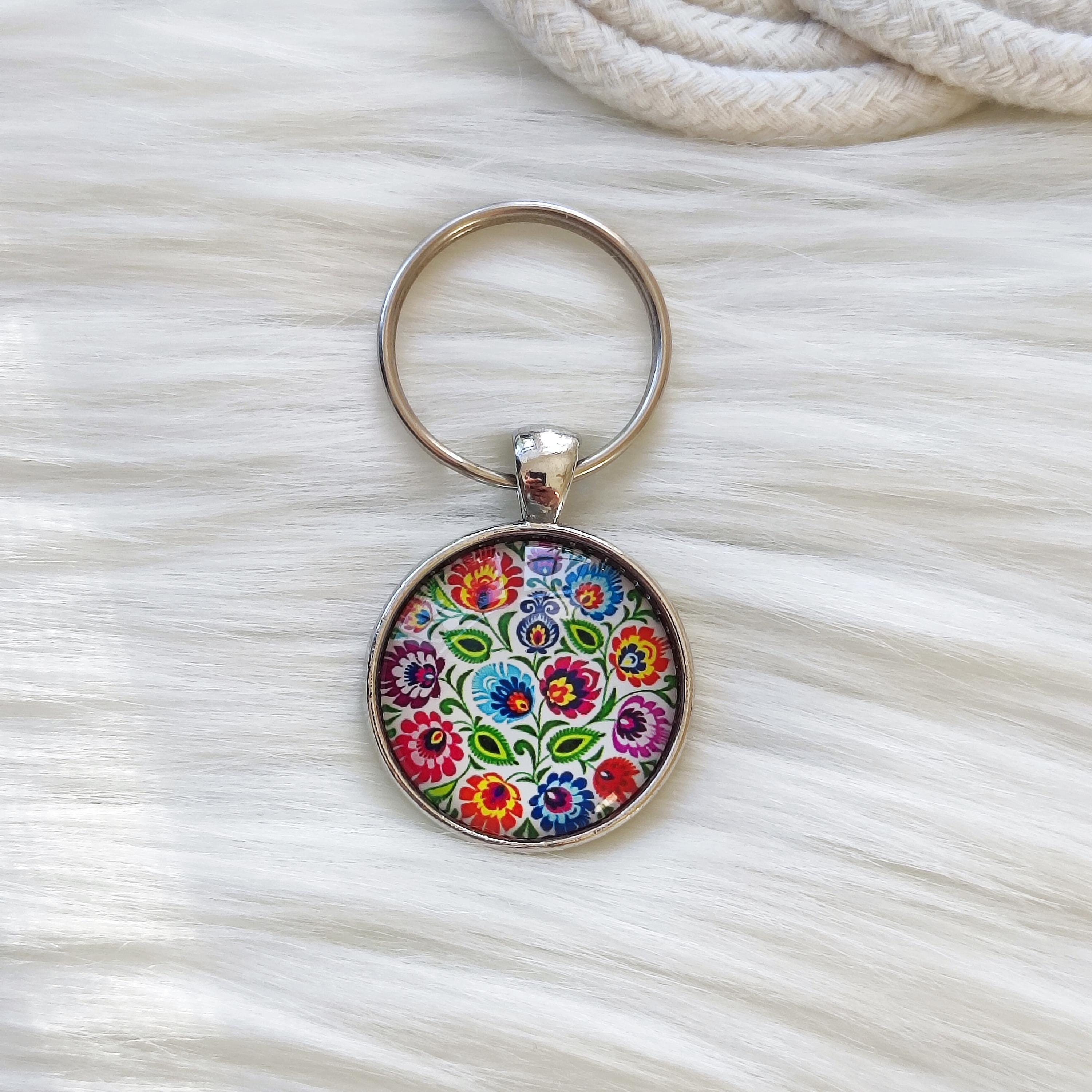 Polish Folk Style Keychain, Flower Art Keyholder, 25mm Glass Cabochon ...