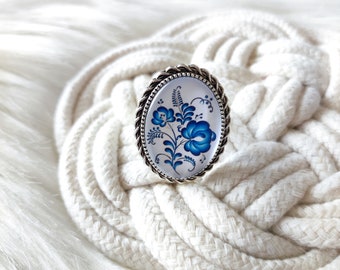 Hungarian Folk Style Adjustable Ring, Blue folk flowers jewelry