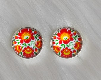 Hungarian Folk Style Stud Earrings, Retro Earring Studs, 12mm glass cabochon