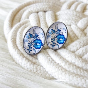 Hungarian Folk Style Stud Earrings, Blue folk flowers Studs, Stainless steel earrings