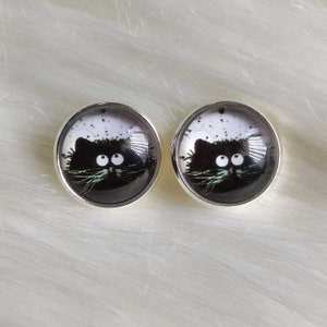 Black Cat Earring Studs, Thinking Cat Stud Earrings, 12mm glass cabochon