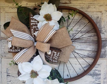 Magnolia Wreath, Cotton Wreath, Bicycle Wheel Wreath, Neutral spring Decor, Everyday Front Door, Bike Rim Wreath, Cotton pickin Blessed