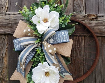 Magnolia Wreath, Cotton Wreath, Bicycle Wheel Wreath, Neutral spring Decor, Everyday Front Door, Bike Rim Wreath, Cotton pickin Blessed