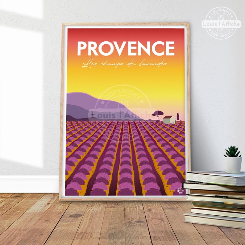 May include: A colorful illustration of a lavender field in Provence, France. The text "PROVENCE" and "Les champs de lavandes" is displayed in white on a yellow and orange background.