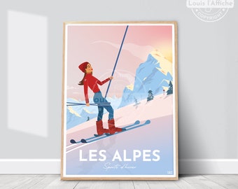 AFFICHE Illustration LES ALPES "Sports d'hiver"