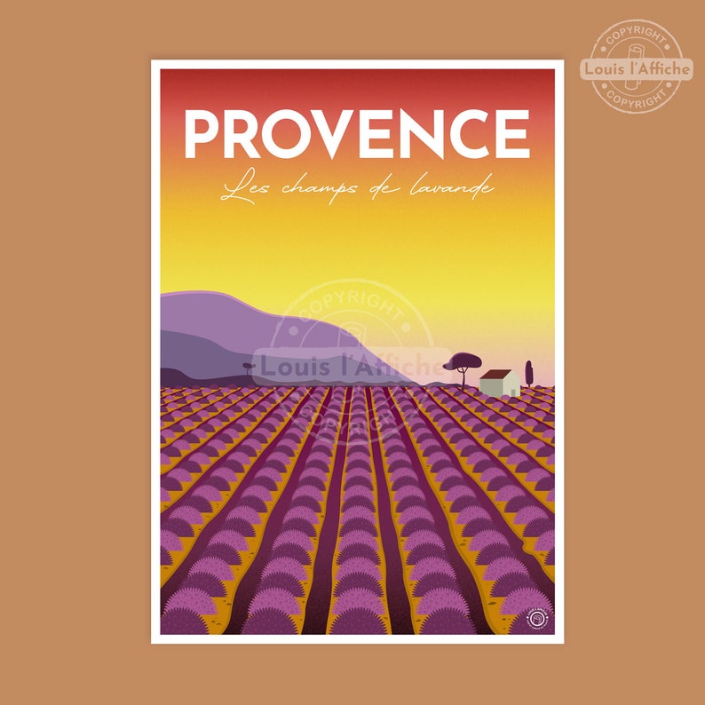 May include: A vintage travel poster with a purple mountain range in the background and a field of lavender in the foreground. The text on the poster reads "Provence Les champs de lavande".