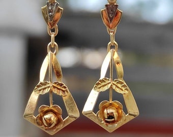 Antique French Art Deco Old Hanging Earrings Gold18K Bicolor Antique French Art Deco Dangling Earrings 18K Gold Bicolor