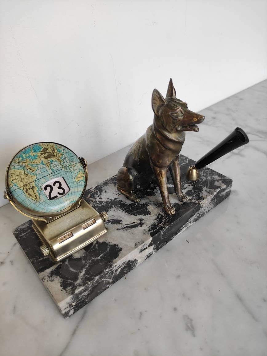 Vintage, Art Deco Français, Calendrier et Porte-stylo en Marbre Bronze/Vintage, French Art Calendar