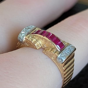 Art Deco Diamond Ring Tank French 18k gold Art Deco Ring Diamond & Synthetic Ruby Ring Tank Art Deco 18ct Diamond Ring 18k Art Deco
