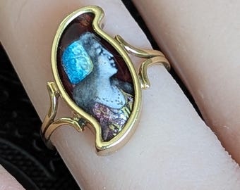 Bague Art Nouveau Limoges En Or 14k émaillée - Représente Un Gentilhomme - Circa 1910