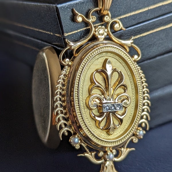 Grand Médaillon Français Victorien Or 18k Diamant Pendentif Porte Photo 18K Gold Diamond Big French Locket Pendant PhotoHolder Diamond 18k