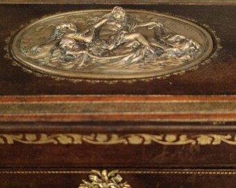 French Jewelry Box engraving on leather and embossed brass