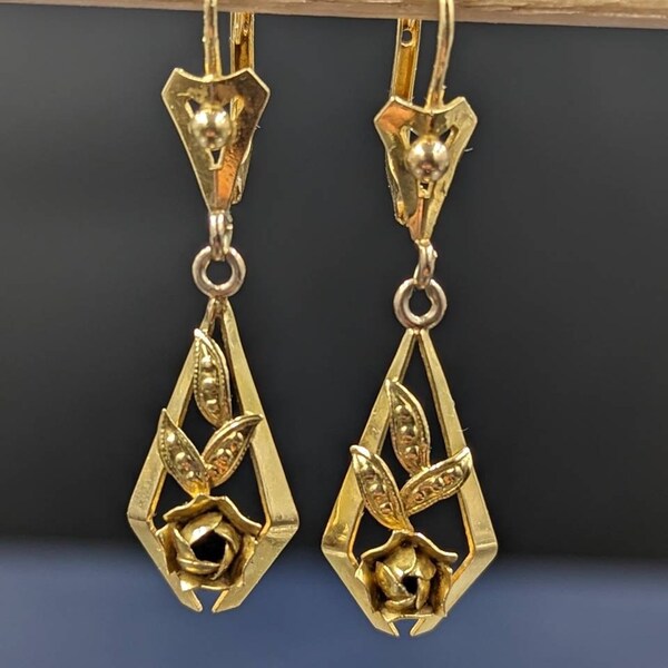 Art Déco Or 18K Boucles d'Oreilles Pendantes Florales Françaises Art Déco French ArtDeco Flower Dangling Earring 18KGold French Drop Earring