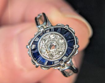 Antique Art Deco Diamond Ring, French 18k Gold, Art Deco Blue Sapphire & Diamond Ring, Circa 1920