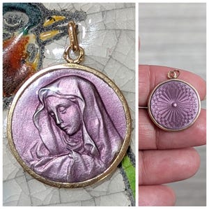 18k Gold Enameled French Religious Pendant Virgin Mary 18ct Gold Enamel Virgin Mary Pendant 18k Religious Pendant Virgin Mary Pendant 2 in 1