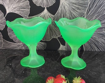 Vintage French rare pair of ice glasses, ice cream sills, ice cream set, fruit cups, fluorescent frosted green glass fruit salad cups
