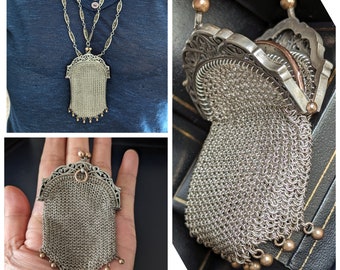 Art Nouveau French Silver Chainmail Coin Chaplain Purse Coinpurse Pendant Art Nouveau Française Bourse Aumônière Cotte de Mailles Argent 43g