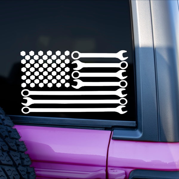 Tools Wrench American Flag Guy Man Gift Mechanic Vinyl Decal | Yeti Cups Laptops Cars