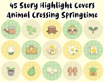 45 Gingham Spring IG Story Highlight Covers - Animal Crossing Springcore -  Green Yellow Leif Flowers Plants - ACNH Instagram