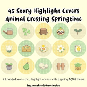 May include: 45 hand-drawn story highlight covers with a spring Animal Crossing: New Horizons theme. The covers feature various icons, including a watering can, a mushroom, a fence, a pear, a sloth, and a flower.
