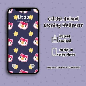 May include: A digital phone wallpaper featuring Celeste, a pink and white owl character from Animal Crossing, with a star pattern on a dark blue background. The text "Celeste Animal Crossing Wallpaper" is displayed above the phone screen. The text "instant download" and "works on every phone" is displayed below the phone screen.
