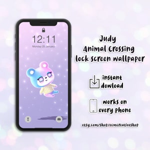 May include: A digital phone screen with a purple and blue background. The screen shows a cartoon character of Judy from Animal Crossing. The text on the screen reads "12:11 Monday 25 January". The text "Judy Animal Crossing lock screen wallpaper" is displayed above the phone screen. Below the phone screen, the text "instant download" and "works on every phone" is displayed. The text "etsy.com/shop/ecmcreativeshop" is displayed at the bottom of the image.