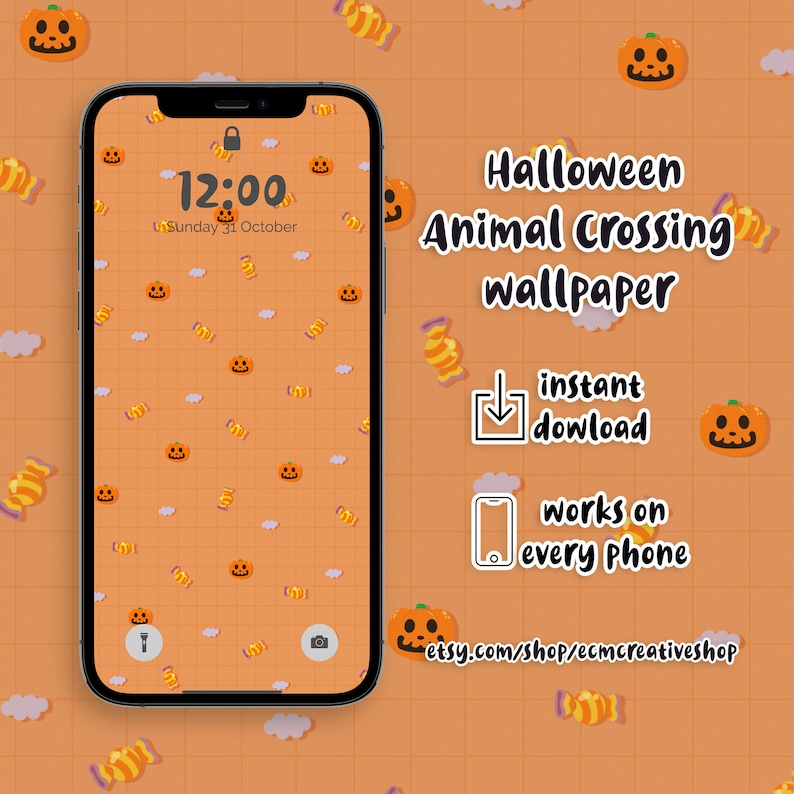 Halloween Jack Animal Crossing Lock Screen Background - Pumpkins Halloween Wallpaper for Smartphone - iPhone Android - Instant Download image 1
