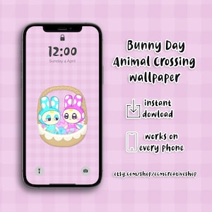 Puede incluir: Un fondo de pantalla digital para teléfono que presenta dos personajes de Animal Crossing con forma de conejo en una cesta con colores pastel rosa, azul y amarillo. El texto "Bunny Day Animal Crossing wallpaper" está en la parte superior de la imagen. El texto "descarga instantánea" y "funciona en todos los teléfonos" está debajo de la imagen. El texto "etsy.com/shop/ecmcreativeshop" está en la parte inferior de la imagen.