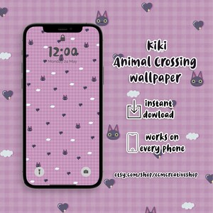 May include: A pink and white checkered phone wallpaper featuring a black cat with a white cloud and heart pattern. The text "kiki Animal Crossing wallpaper" is at the top of the image. The text "instant download" and "works on every phone" is below the wallpaper. The text "etsy.com/shop/ecmcreativeshop" is at the bottom of the image.