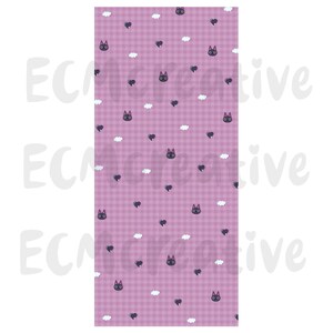 May include: A seamless pattern featuring a black cat with yellow eyes, a white cloud, and a pink heart on a pink and white gingham background.